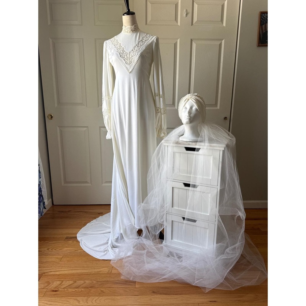 Vintage 70s Wedding Dress Set Women Small White Lace High Neck Turban Veil Boho
